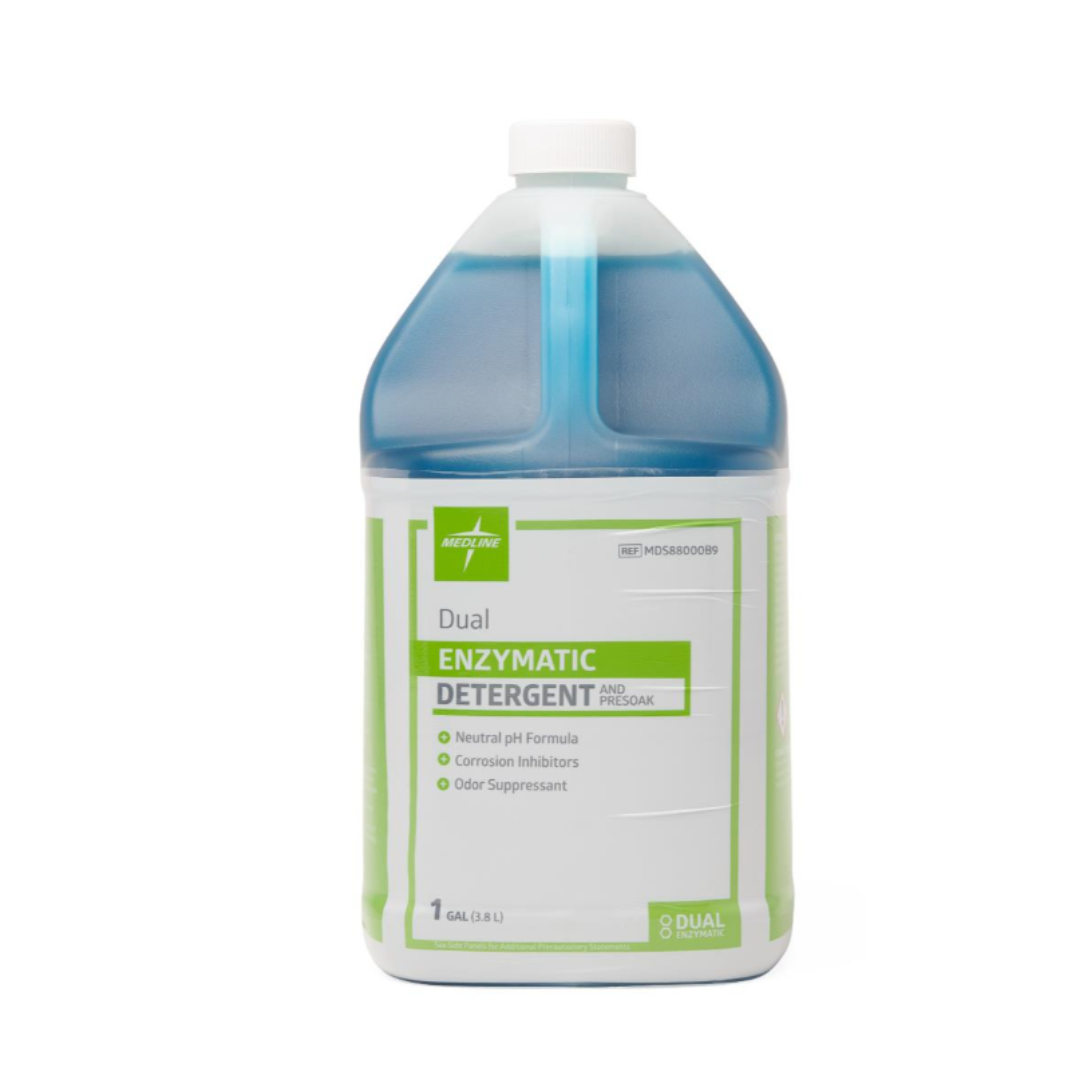 A one-gallon container of Medline Enzymatic Surgical Instrument Detergent and Presoak features blue liquid, a white label with green accents, and product details such as odor suppressant and corrosion inhibitors.